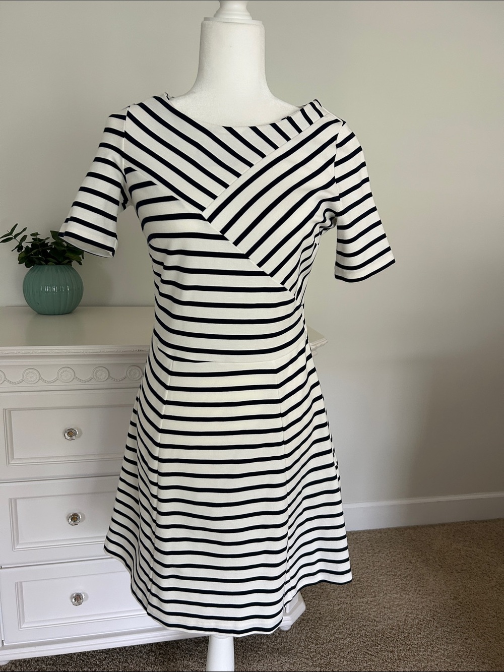 Tommy Hilfiger Navy and White Striped Short-Sleeve A-Line Mini Dress